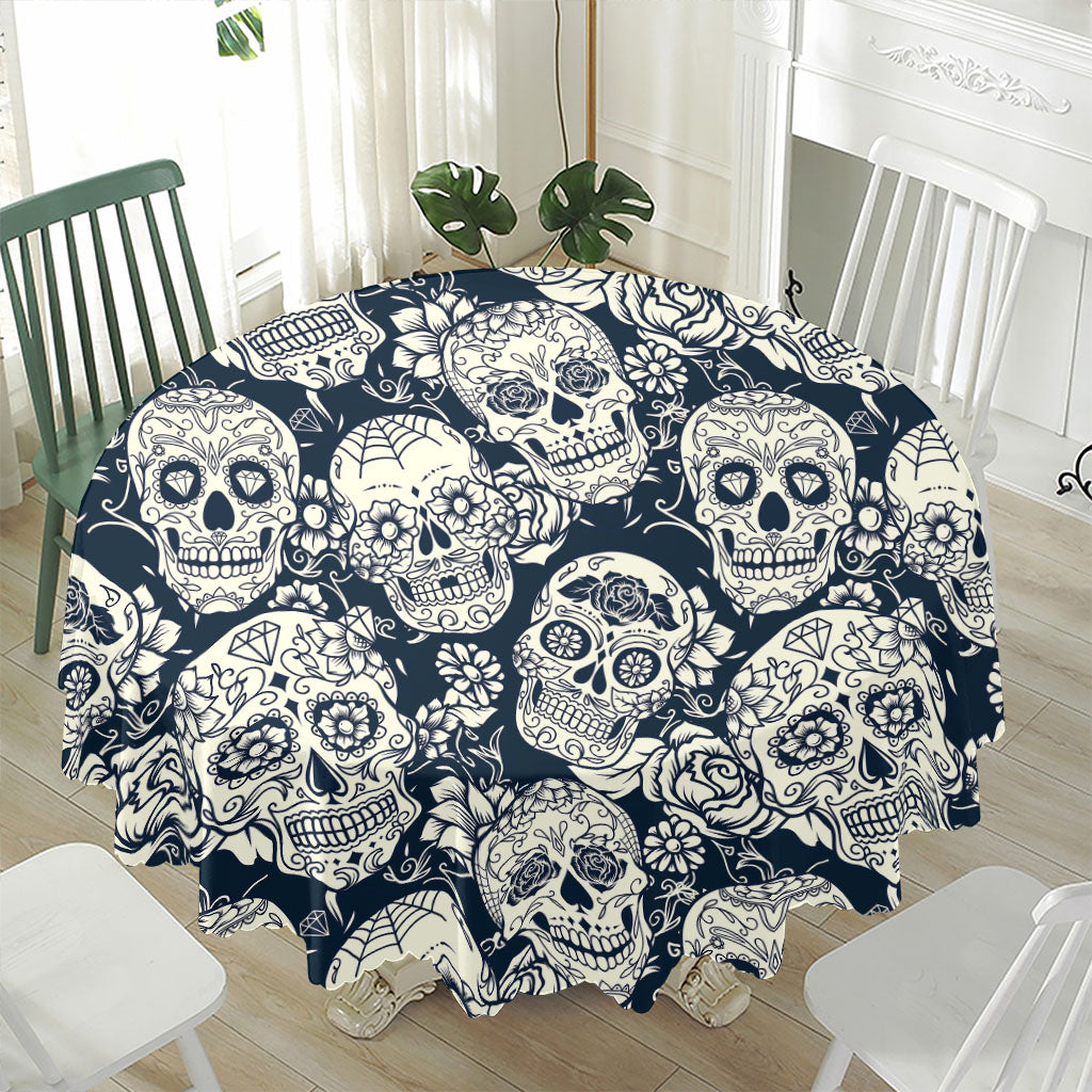 White Floral Sugar Skull Pattern Print Waterproof Round Tablecloth