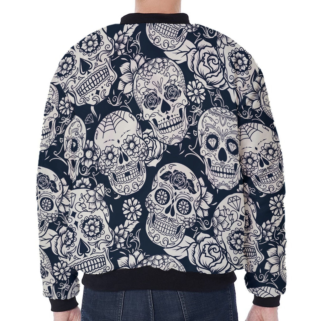 White Floral Sugar Skull Pattern Print Zip Sleeve Bomber Jacket