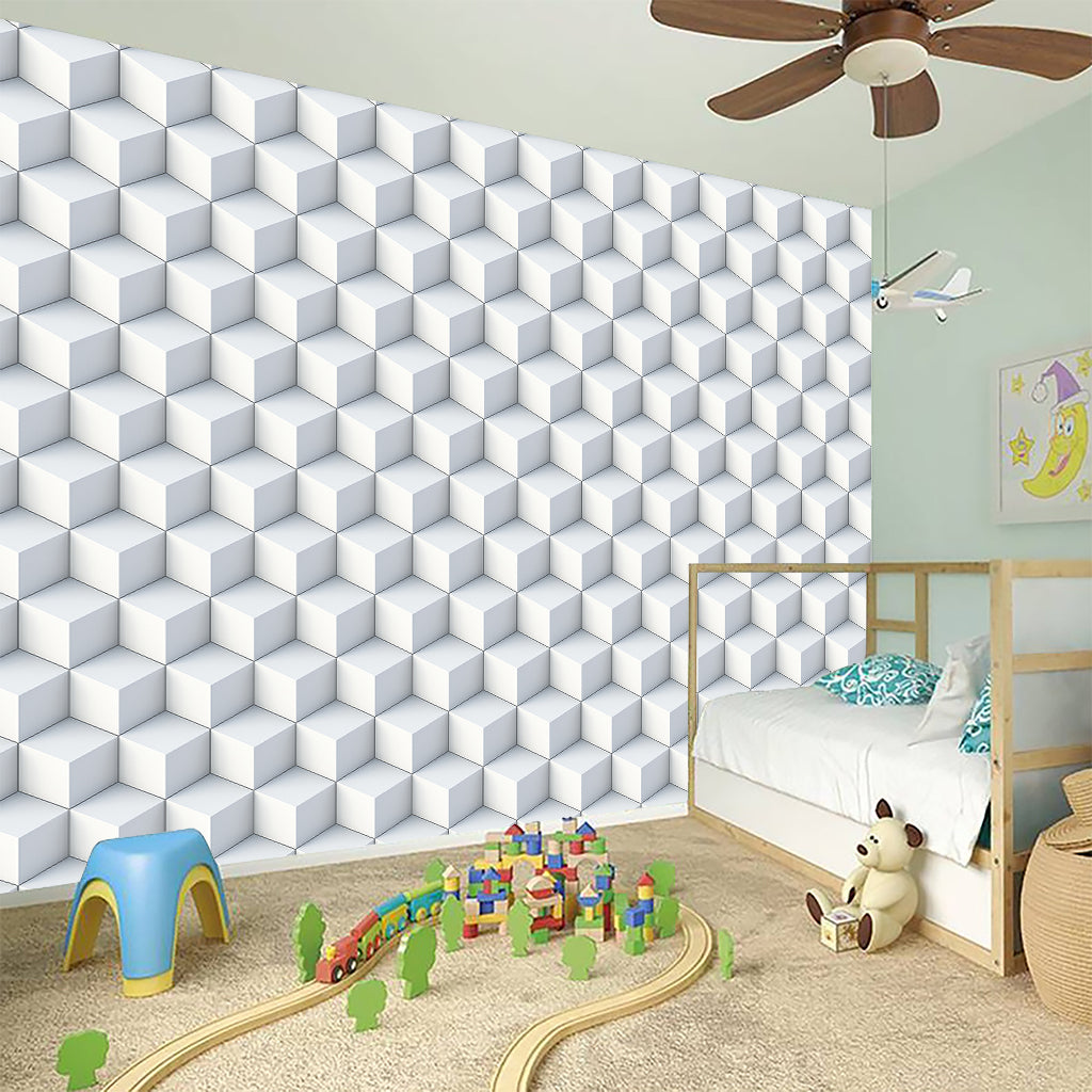 White Geometric Cube Shape Pattern Print Wall Sticker