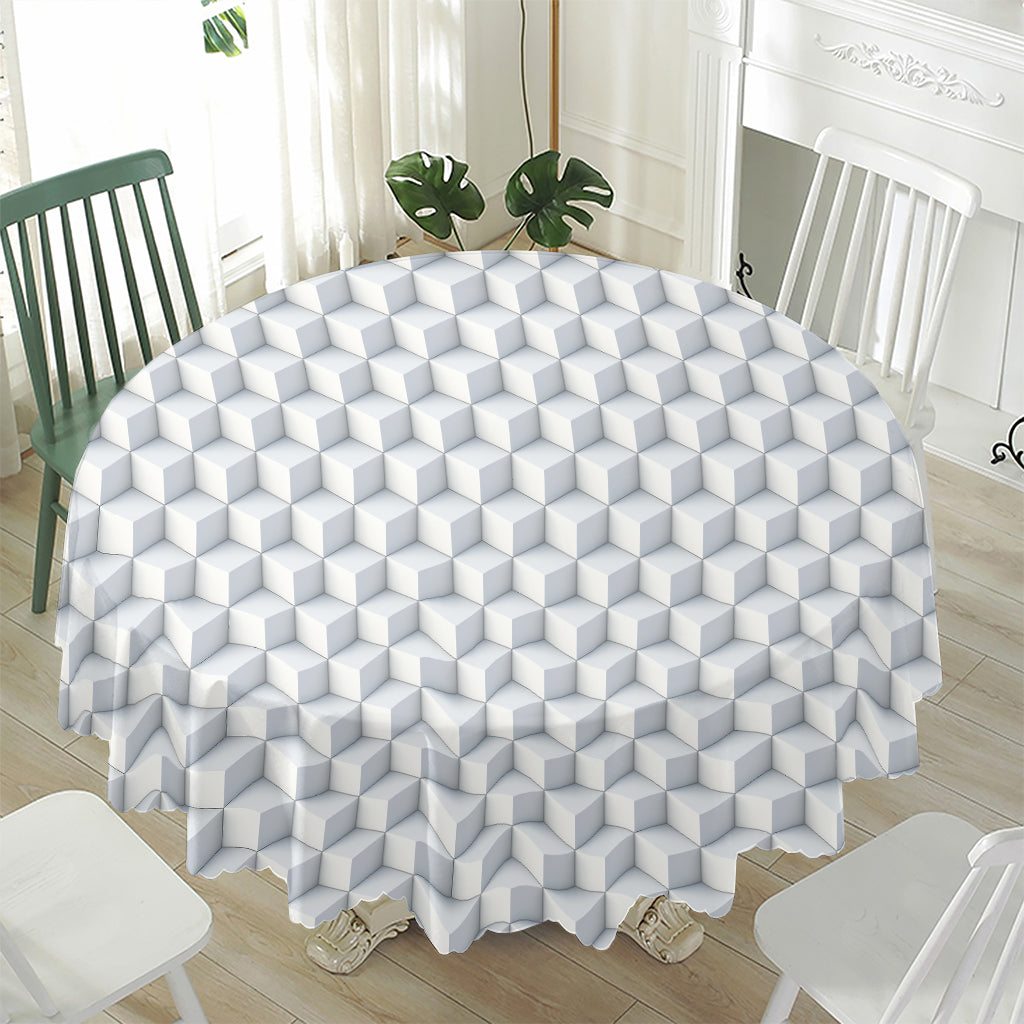 White Geometric Cube Shape Pattern Print Waterproof Round Tablecloth