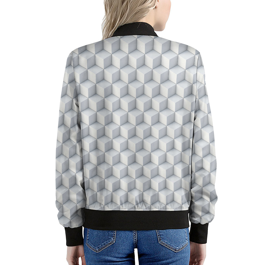 White Geometric Cube Shape Pattern Print Women's Bomber Jacket