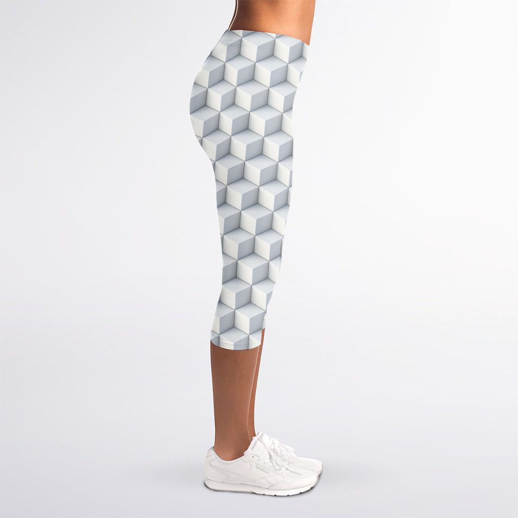 White Geometric Cube Shape Pattern Print Women's Capri Leggings
