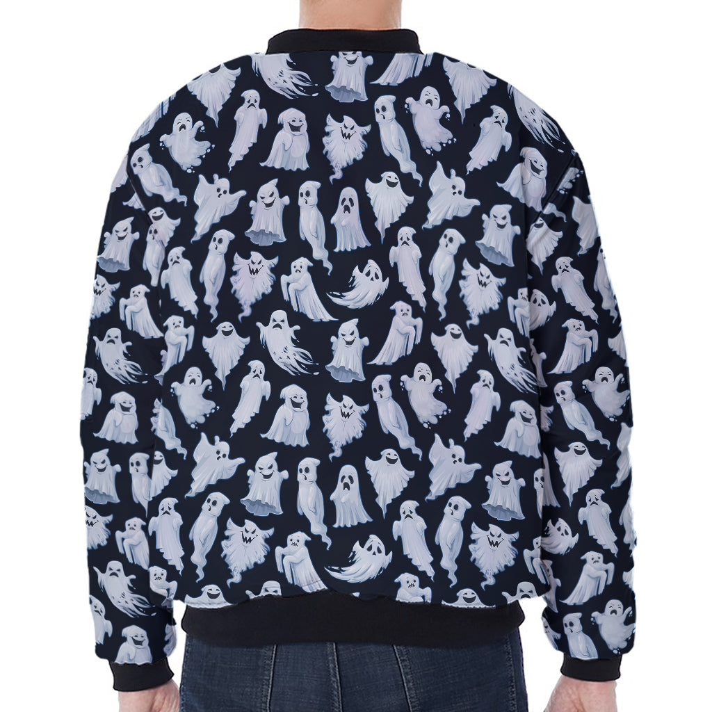 White Ghost Pattern Print Zip Sleeve Bomber Jacket