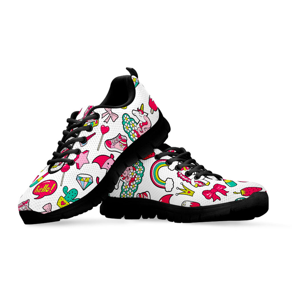 White Girly Unicorn Pattern Print Black Running Shoes