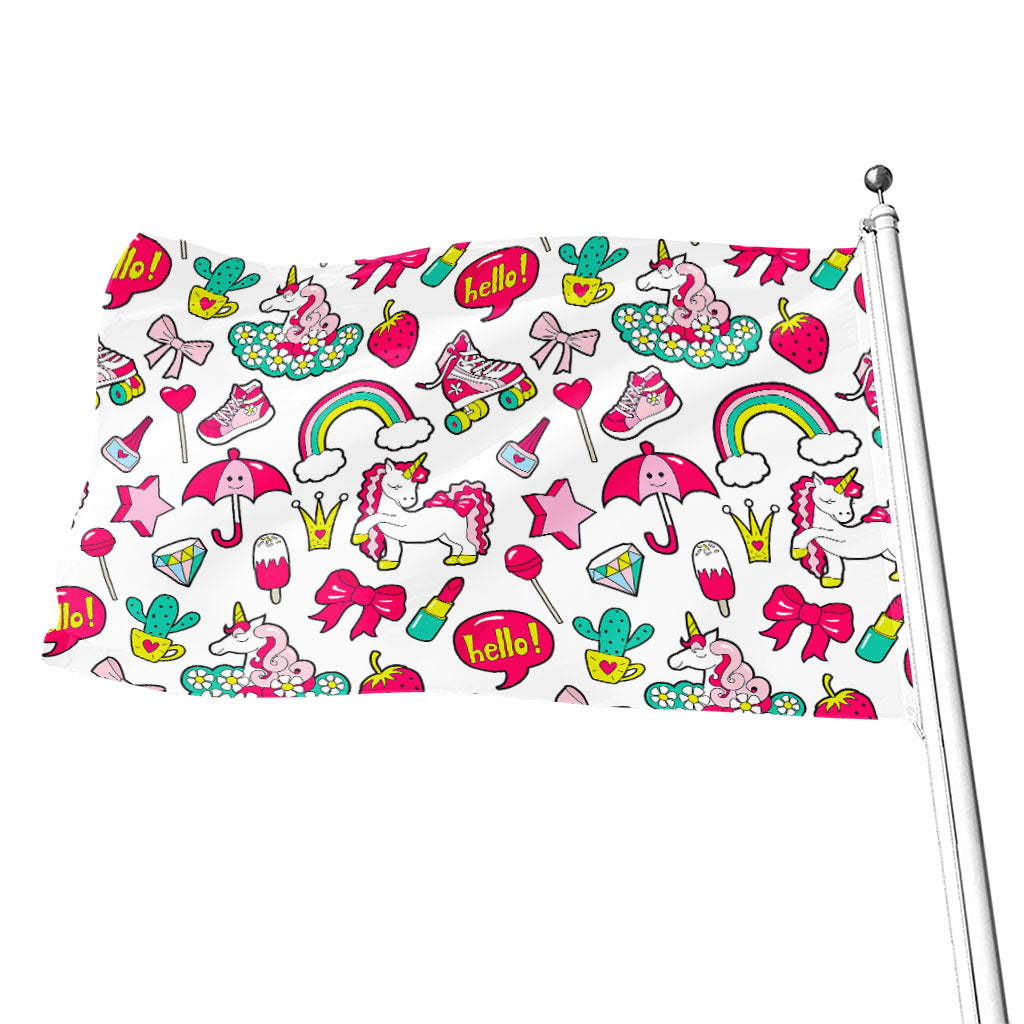 White Girly Unicorn Pattern Print Flag