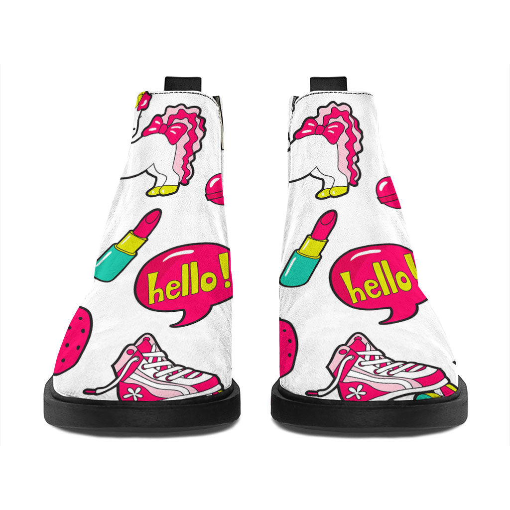White Girly Unicorn Pattern Print Flat Ankle Boots