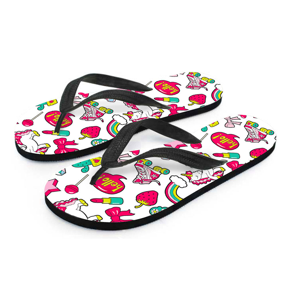 White Girly Unicorn Pattern Print Flip Flops