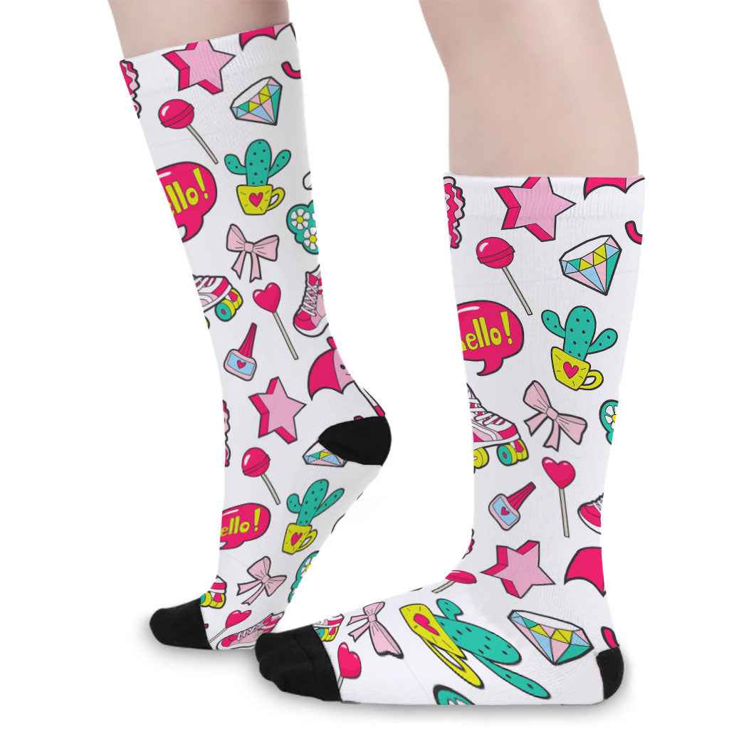 White Girly Unicorn Pattern Print Long Socks