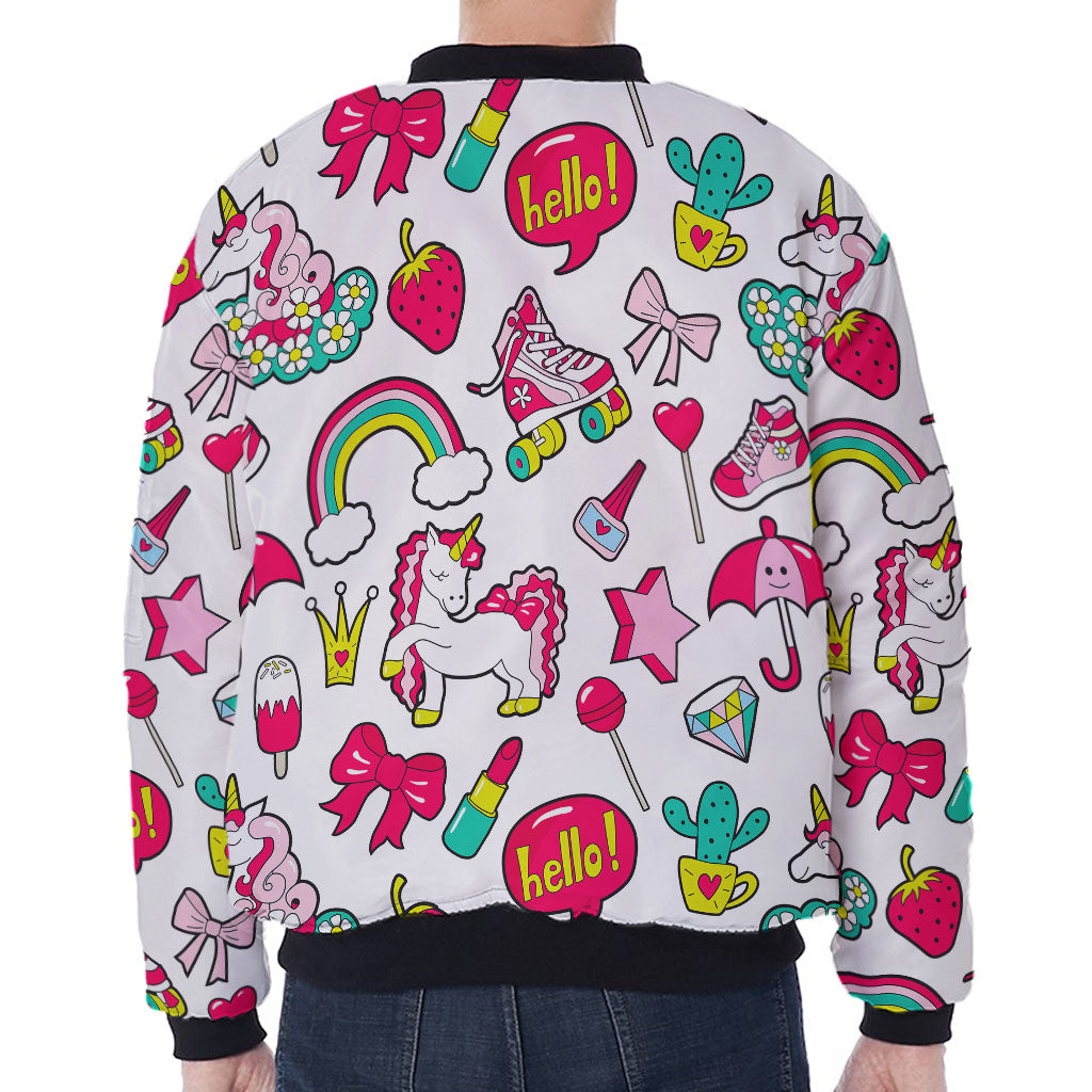 White Girly Unicorn Pattern Print Zip Sleeve Bomber Jacket