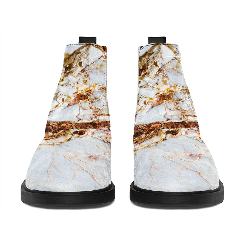 White Gold Grunge Marble Print Flat Ankle Boots