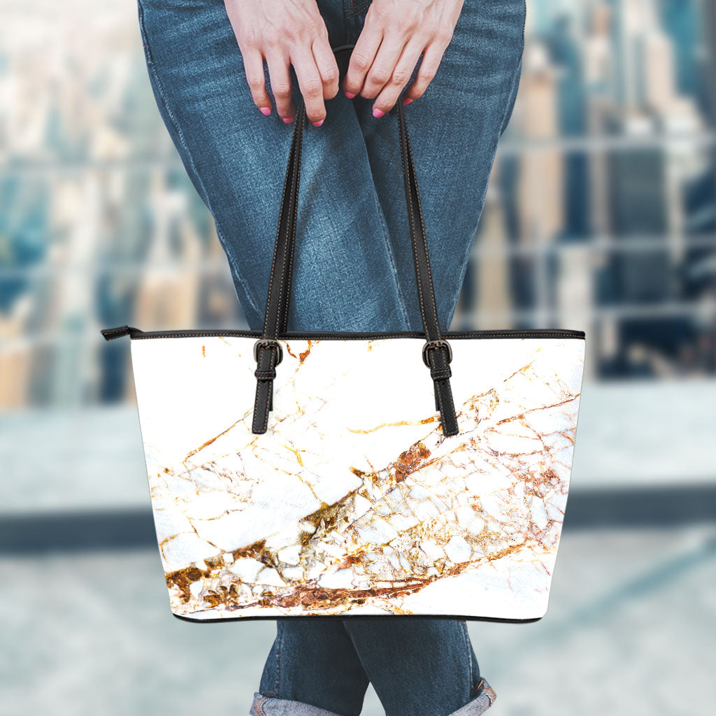 White Gold Grunge Marble Print Leather Tote Bag