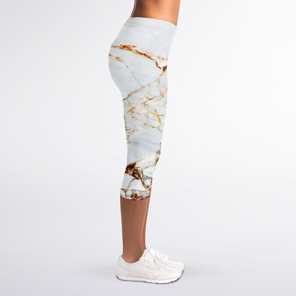 White Gold Grunge Marble Print Women's Capri Leggings