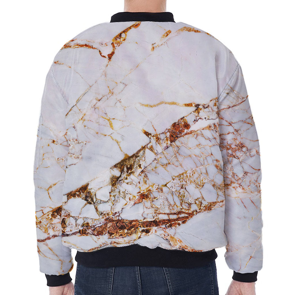 White Gold Grunge Marble Print Zip Sleeve Bomber Jacket