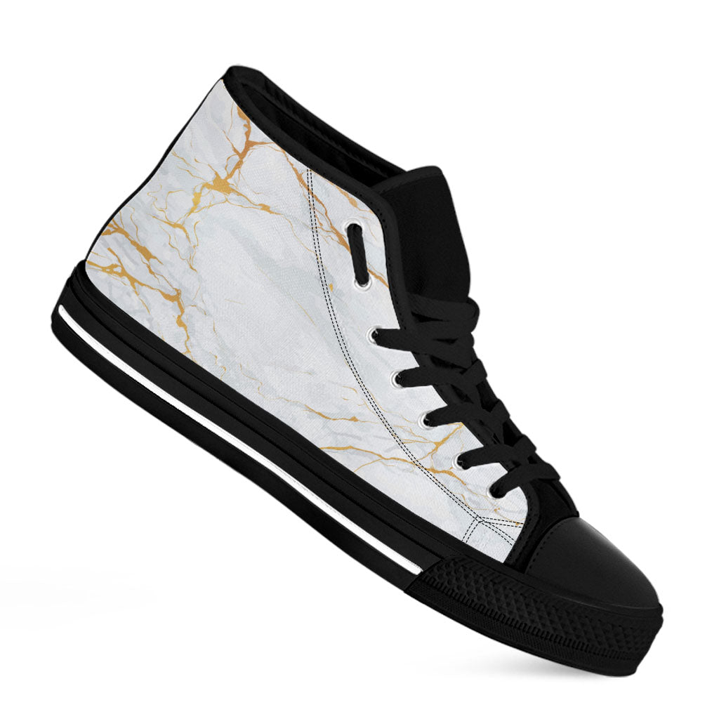 White Gold Scratch Marble Print Black High Top Sneakers