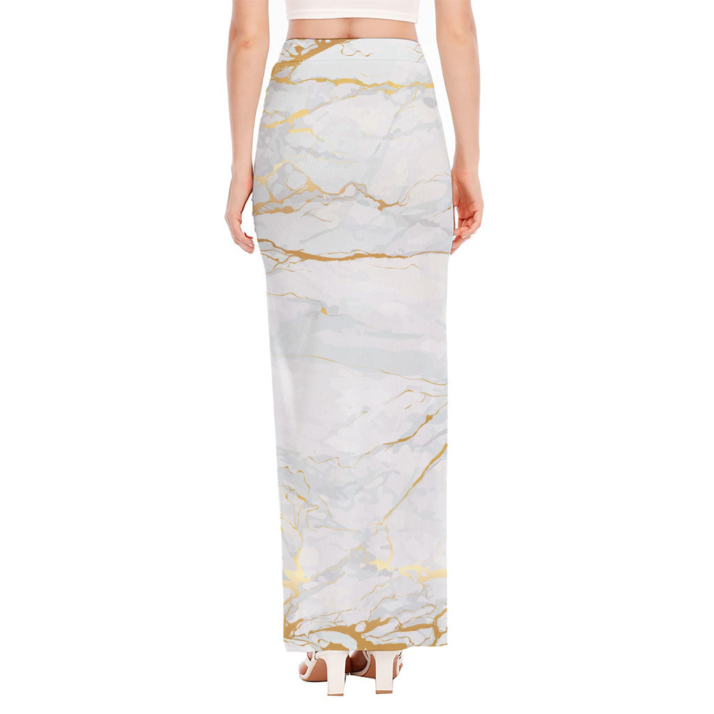 White Gold Scratch Marble Print High Slit Maxi Skirt