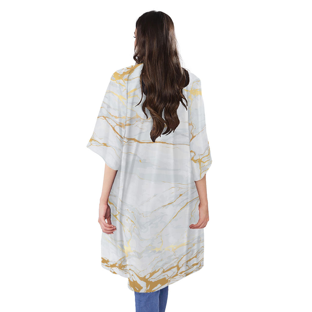 White Gold Scratch Marble Print Open Front Beach Cover Up