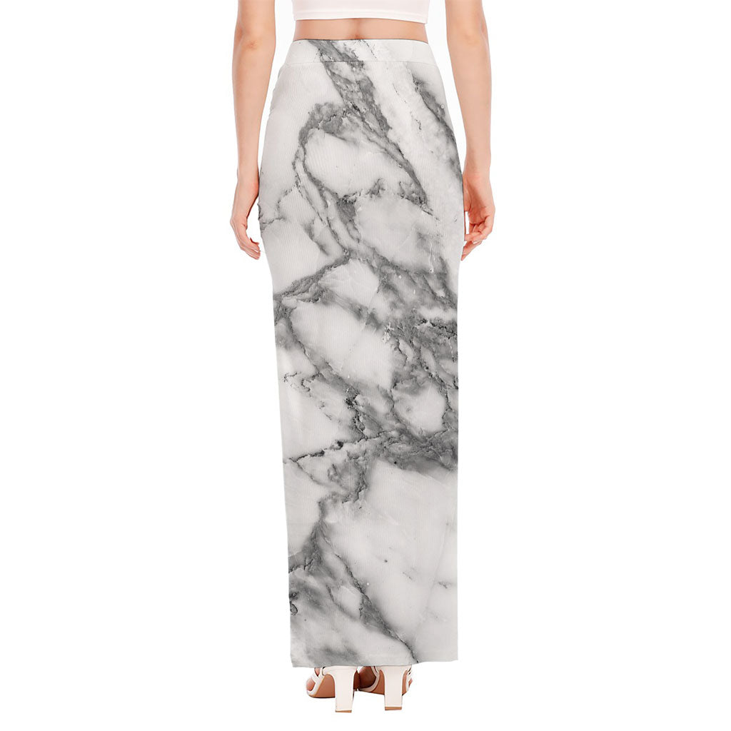 White Gray Marble Print High Slit Maxi Skirt
