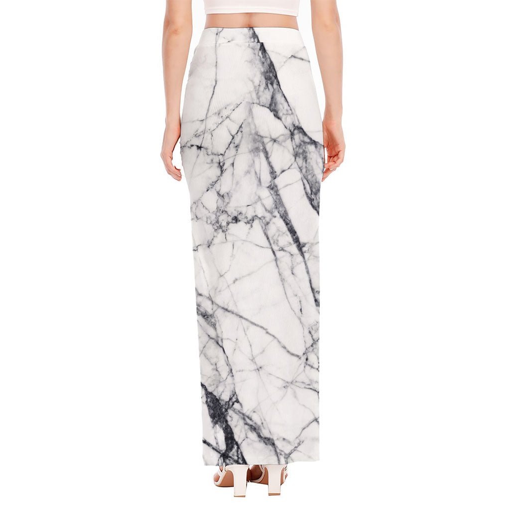 White Gray Scratch Marble Print High Slit Maxi Skirt