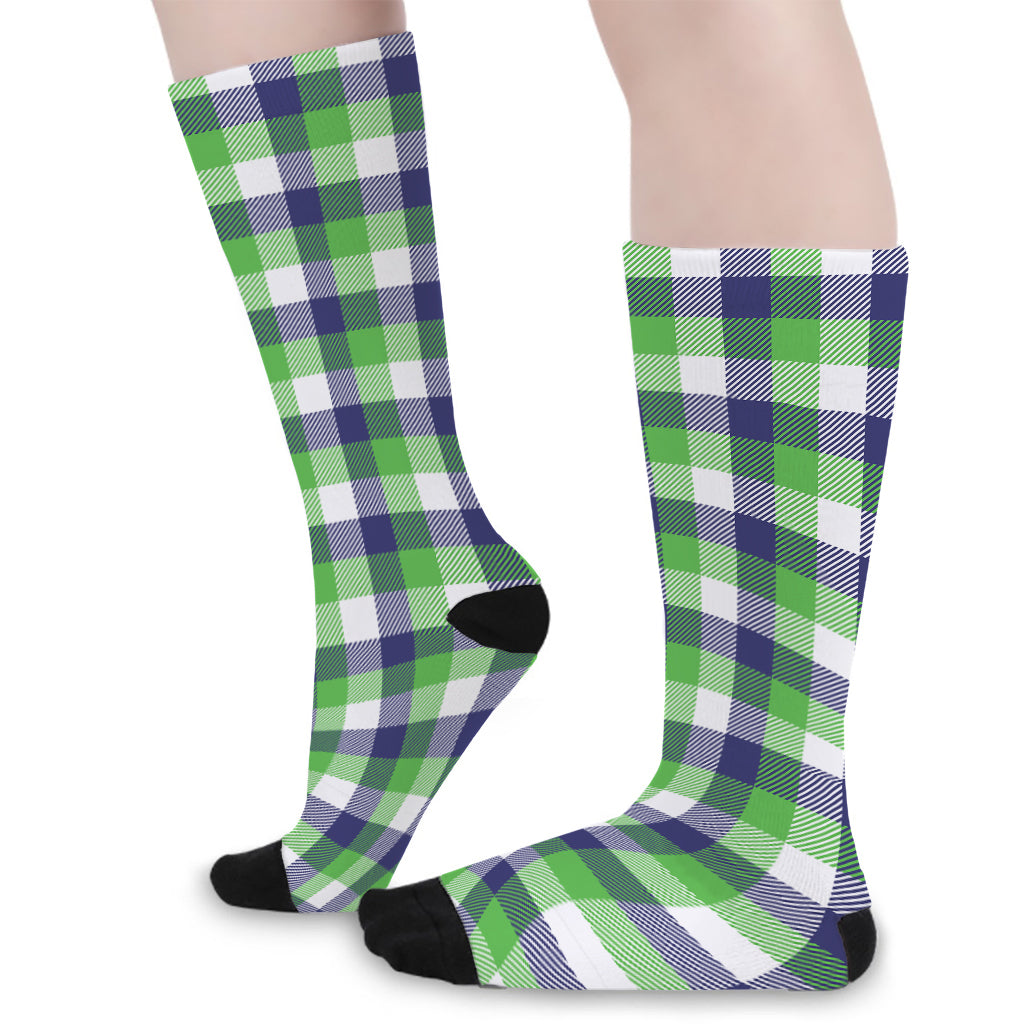 White Green And Blue Buffalo Plaid Print Long Socks