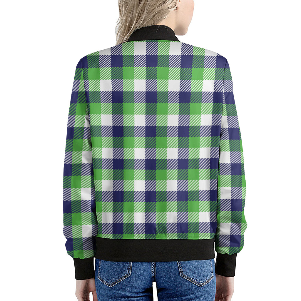 White Green And Blue Buffalo Plaid Print Women's Bomber Jacket