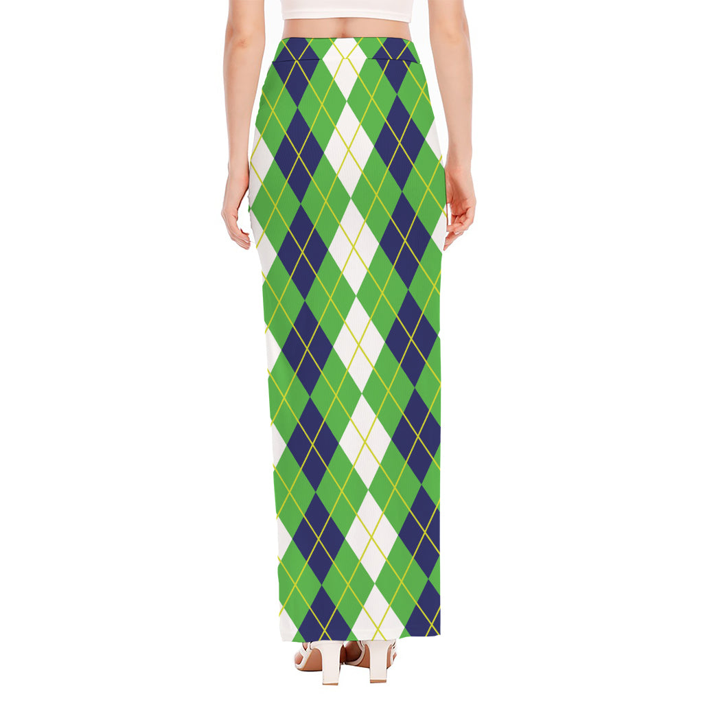 White Green And Navy Argyle Print High Slit Maxi Skirt