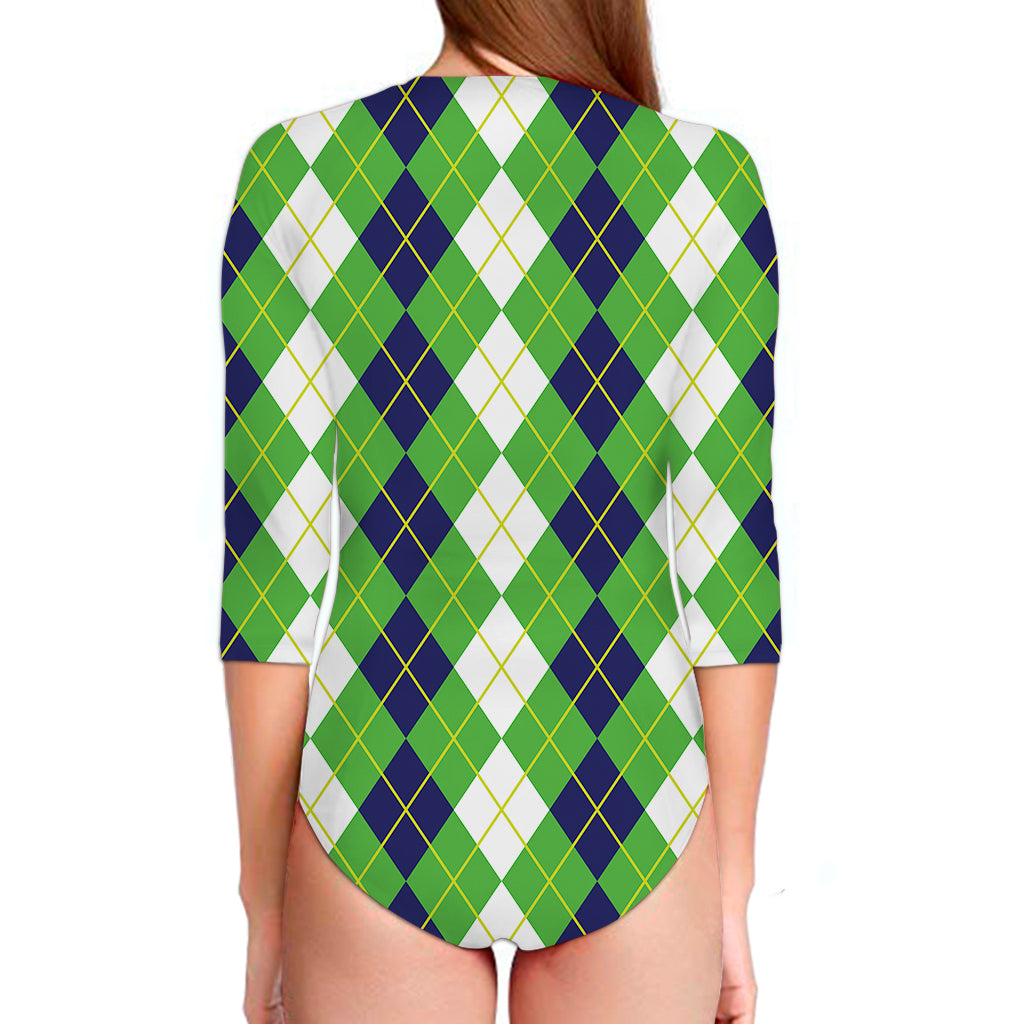 White Green And Navy Argyle Print Long Sleeve Swimsuit