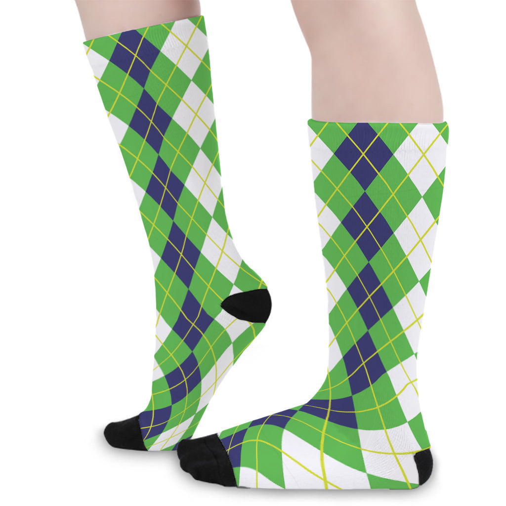 White Green And Navy Argyle Print Long Socks