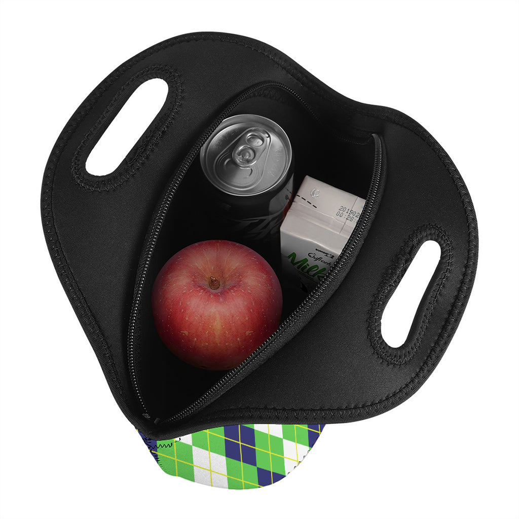 White Green And Navy Argyle Print Neoprene Lunch Bag