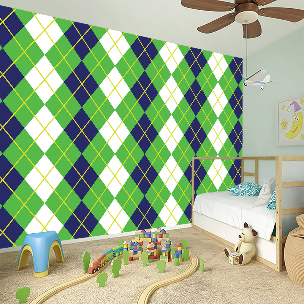 White Green And Navy Argyle Print Wall Sticker