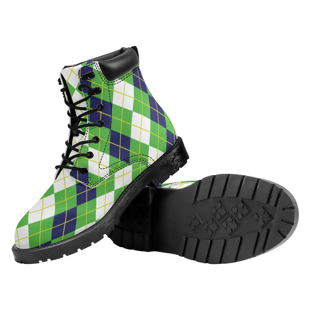 White Green And Navy Argyle Print Work Boots