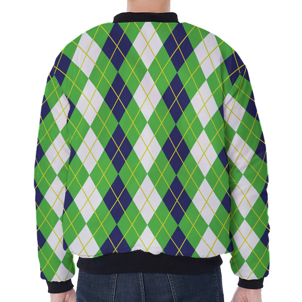White Green And Navy Argyle Print Zip Sleeve Bomber Jacket