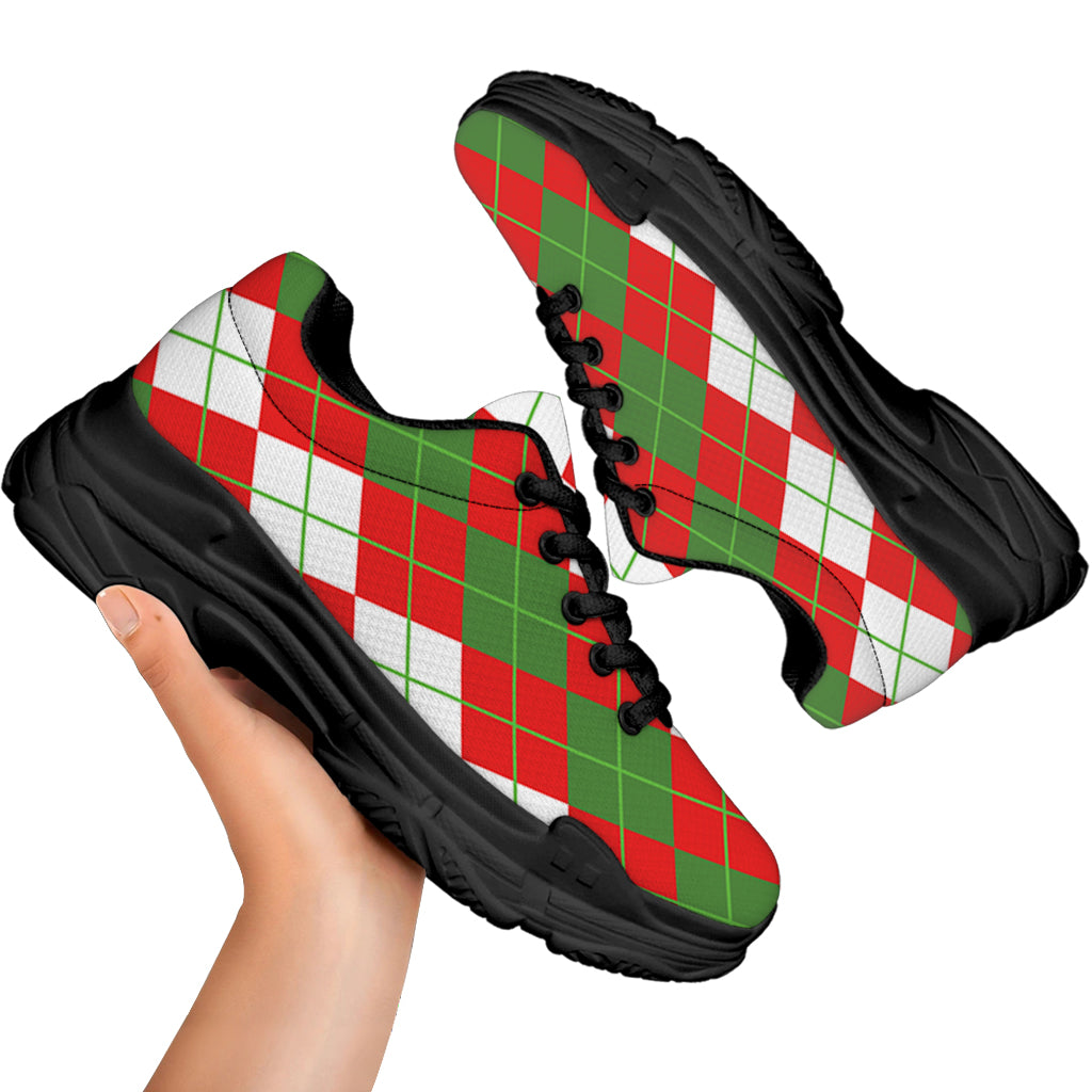 White Green And Red Argyle Pattern Print Black Chunky Shoes