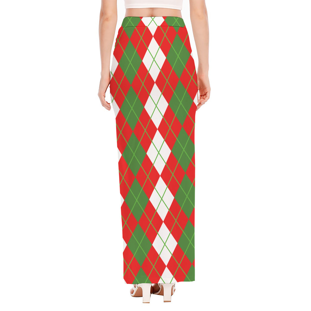White Green And Red Argyle Pattern Print High Slit Maxi Skirt
