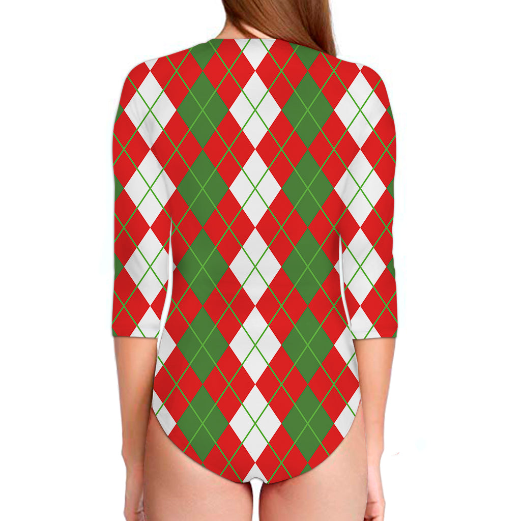 White Green And Red Argyle Pattern Print Long Sleeve Swimsuit