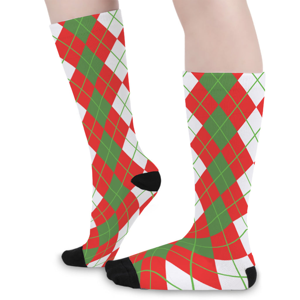 White Green And Red Argyle Pattern Print Long Socks