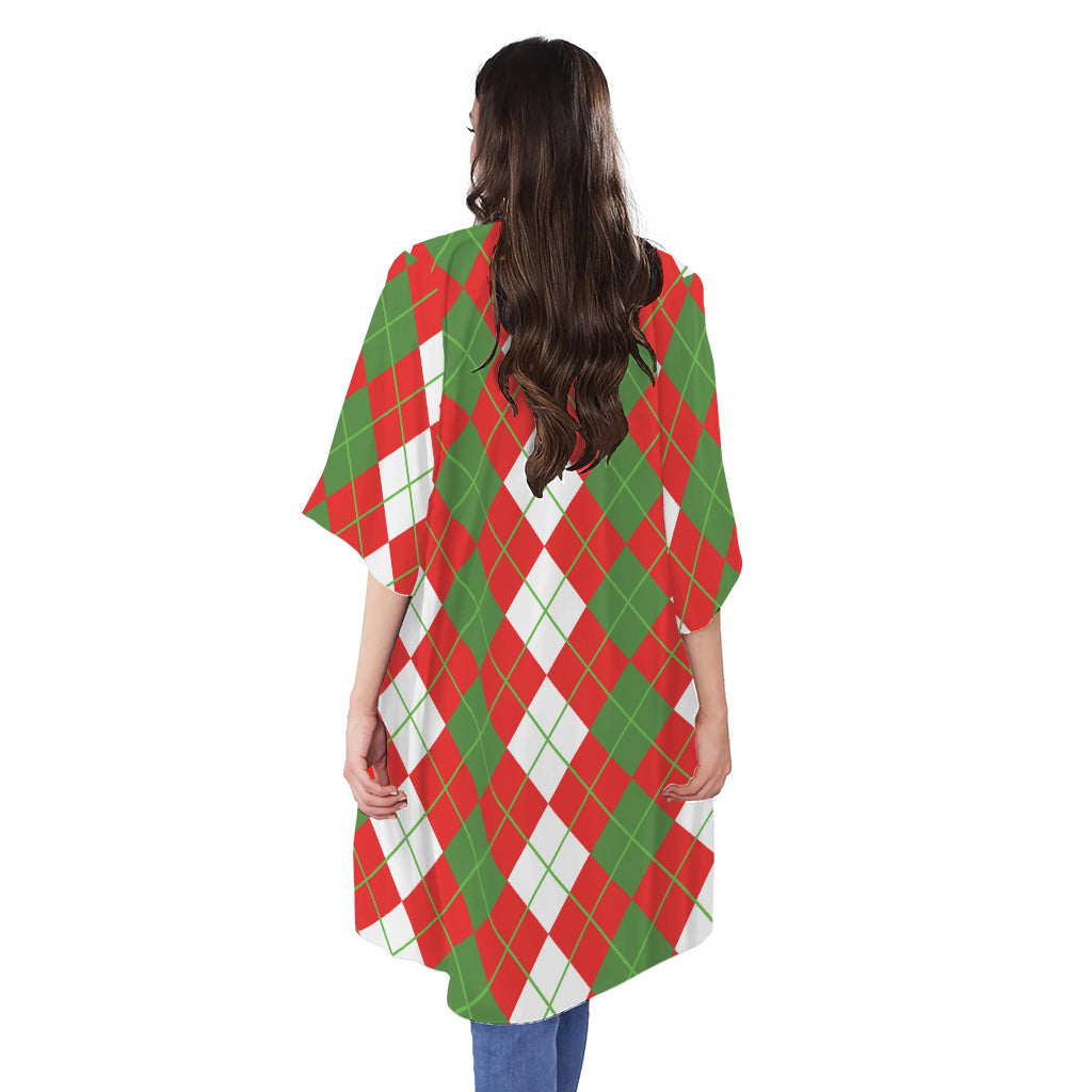 White Green And Red Argyle Pattern Print Open Front Beach Cover Up