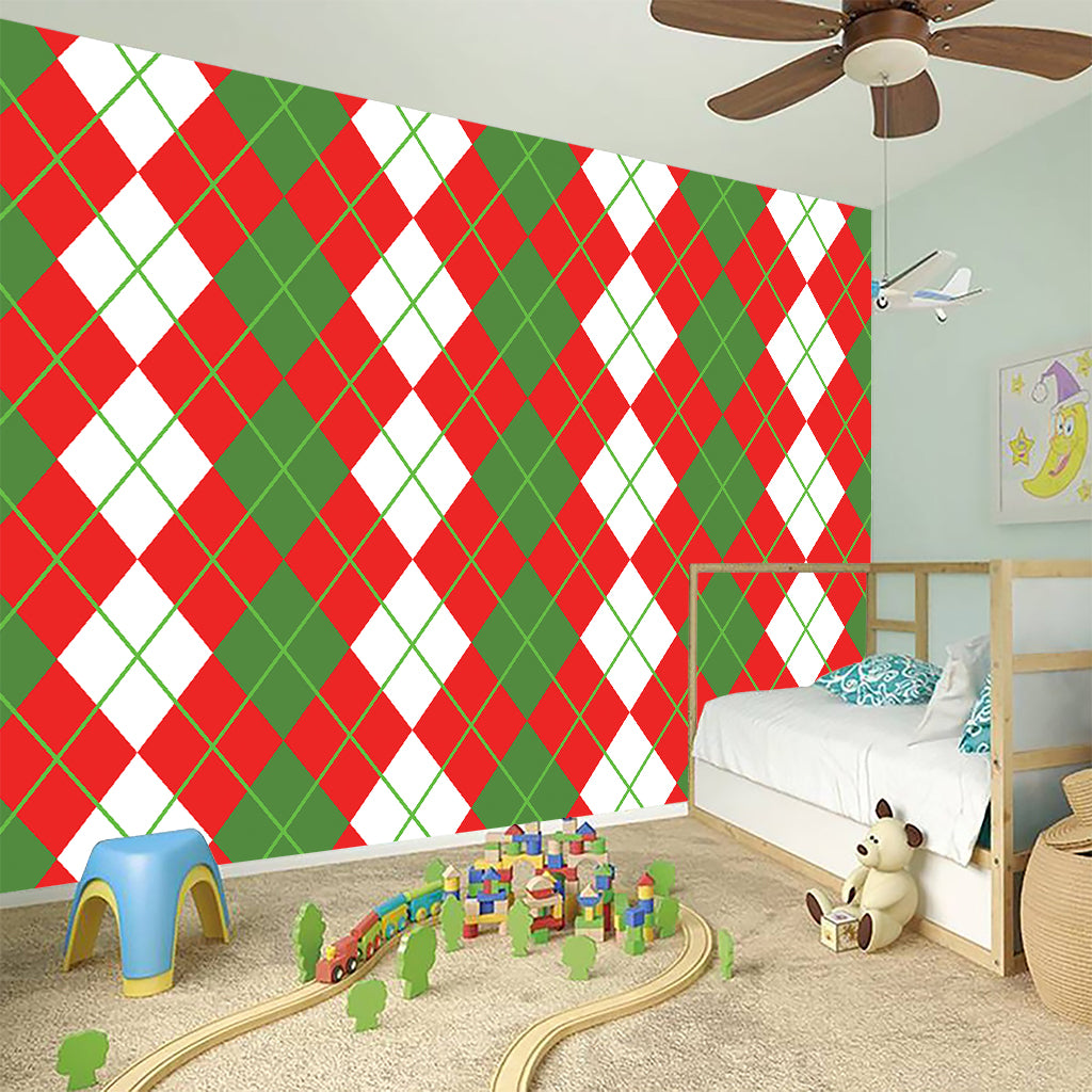 White Green And Red Argyle Pattern Print Wall Sticker