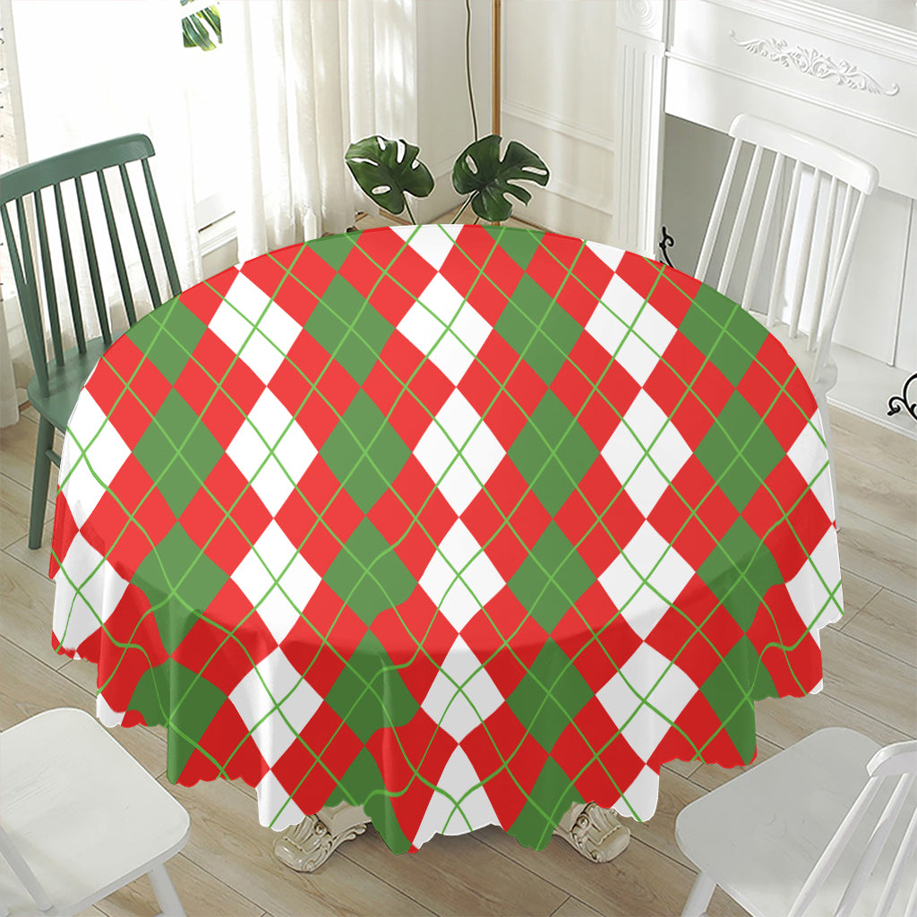 White Green And Red Argyle Pattern Print Waterproof Round Tablecloth