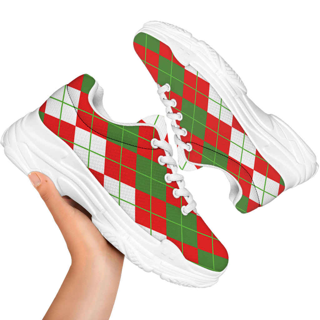 White Green And Red Argyle Pattern Print White Chunky Shoes