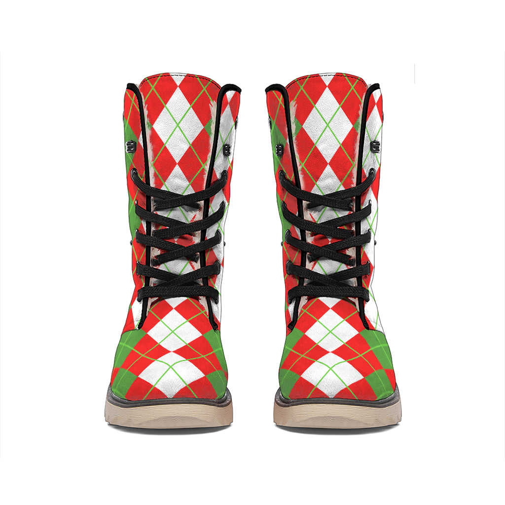 White Green And Red Argyle Pattern Print Winter Boots