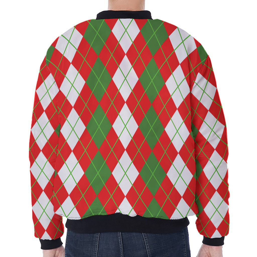 White Green And Red Argyle Pattern Print Zip Sleeve Bomber Jacket