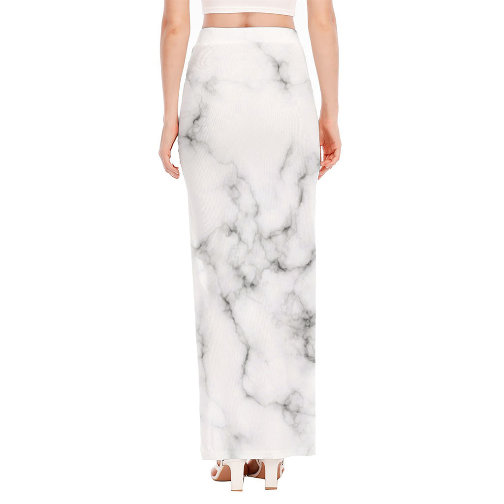 White Grey Smoke Marble Print High Slit Maxi Skirt