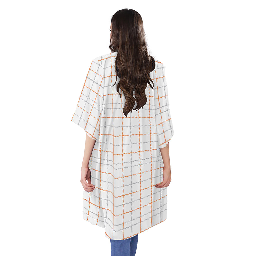White Halloween Tattersall Pattern Print Open Front Beach Cover Up