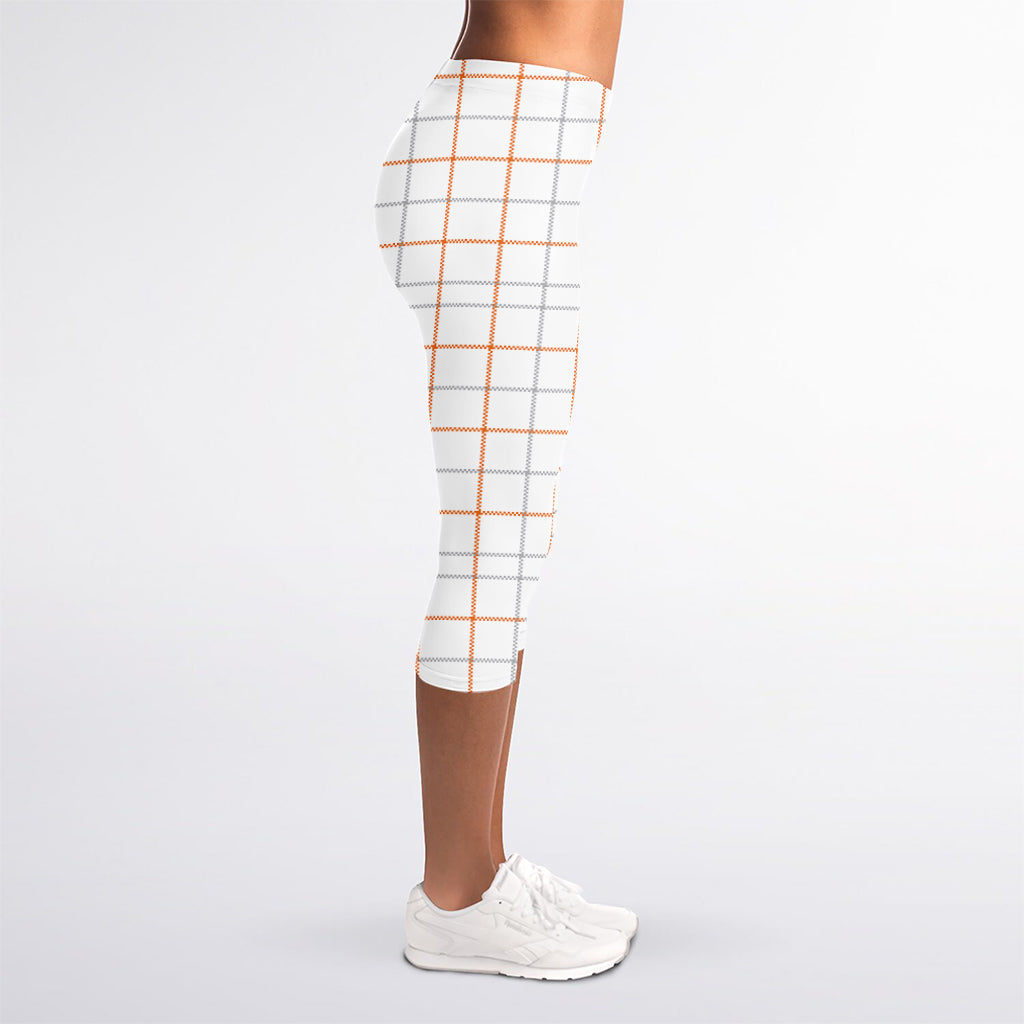 White Halloween Tattersall Pattern Print Women's Capri Leggings