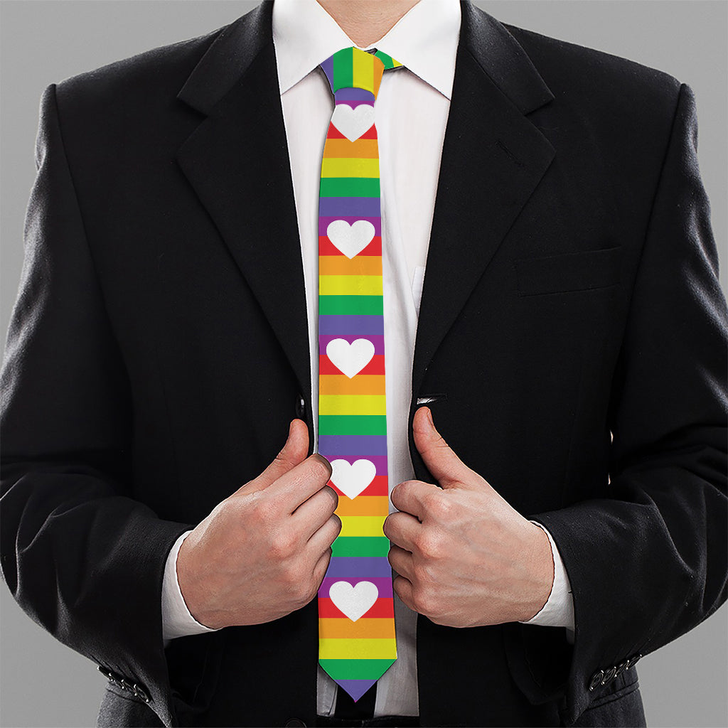 White Heart On LGBT Pride Striped Print Necktie