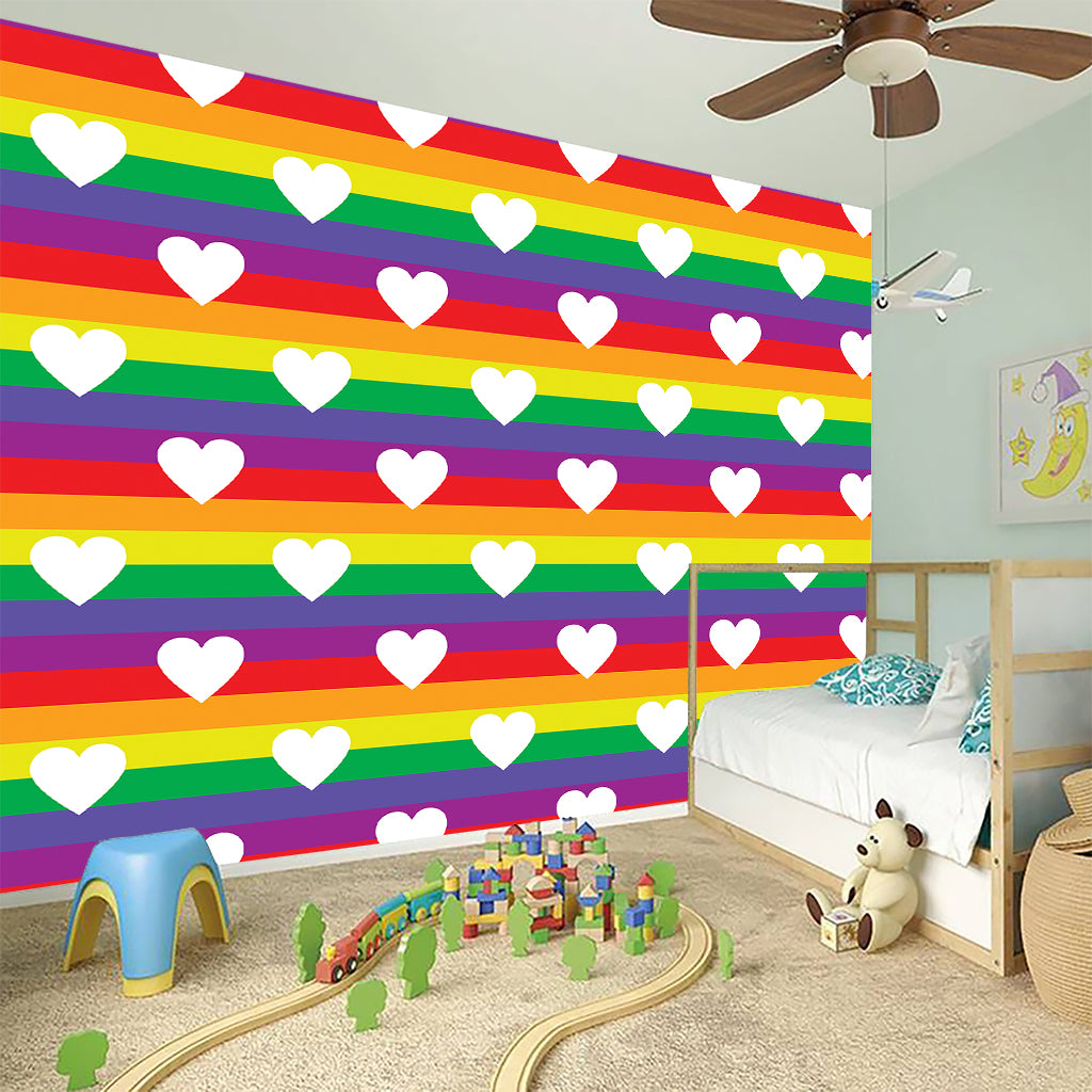 White Heart On LGBT Pride Striped Print Wall Sticker