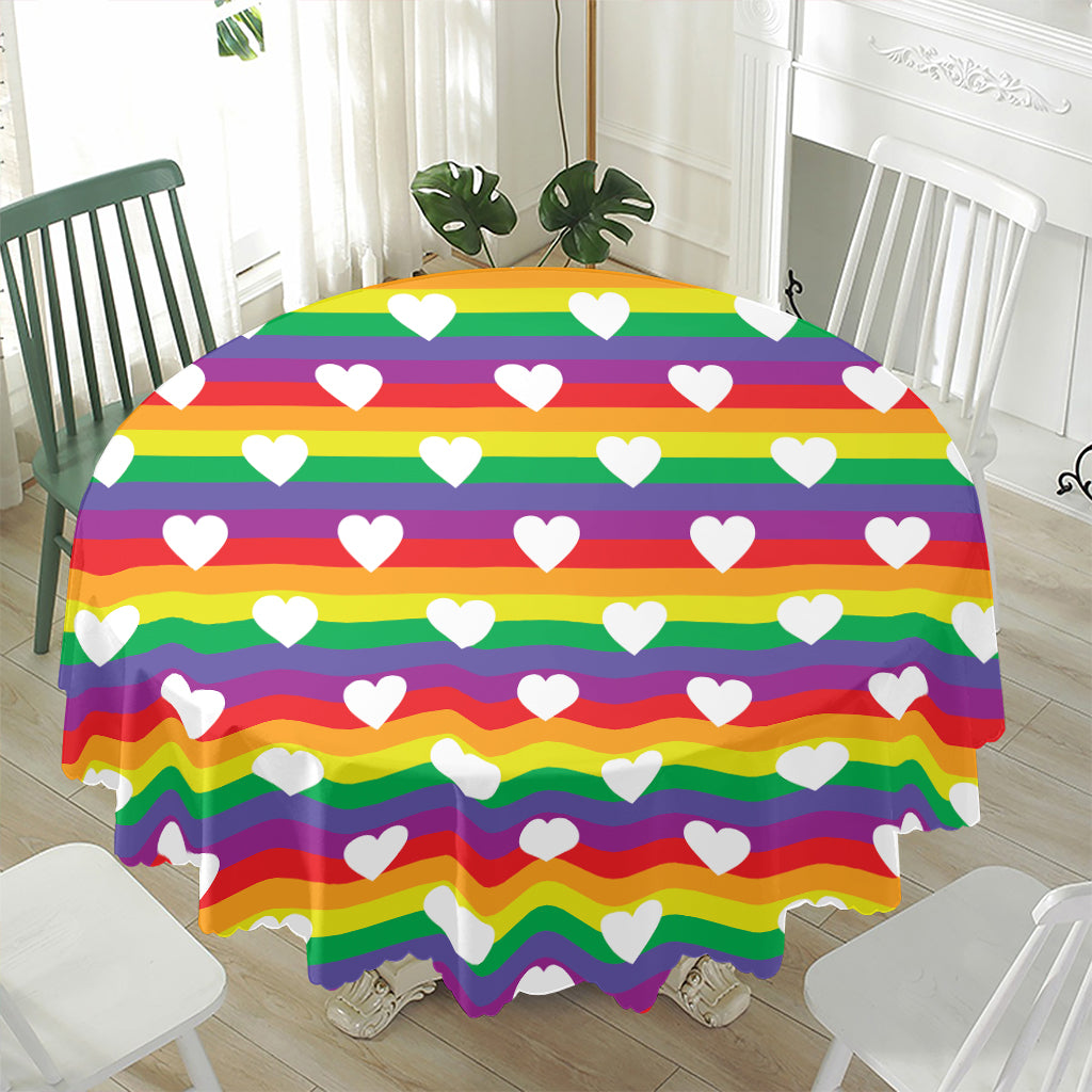 White Heart On LGBT Pride Striped Print Waterproof Round Tablecloth