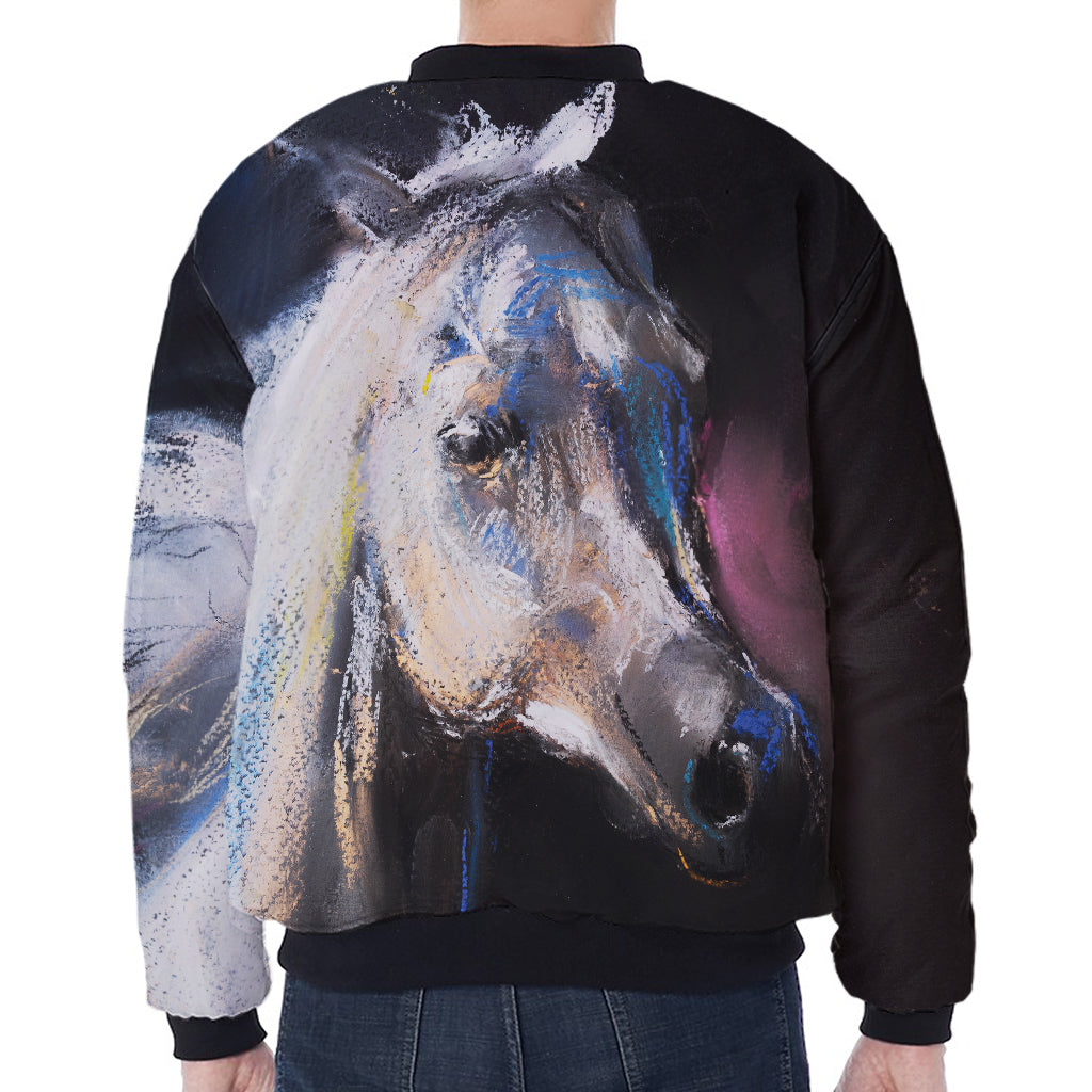 White Horse Portrait Print Zip Sleeve Bomber Jacket