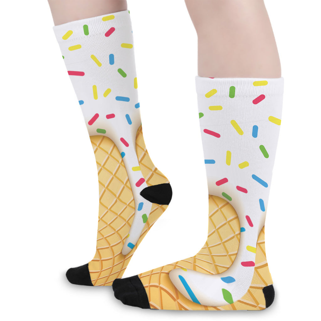 White Ice Cream Melted Print Long Socks