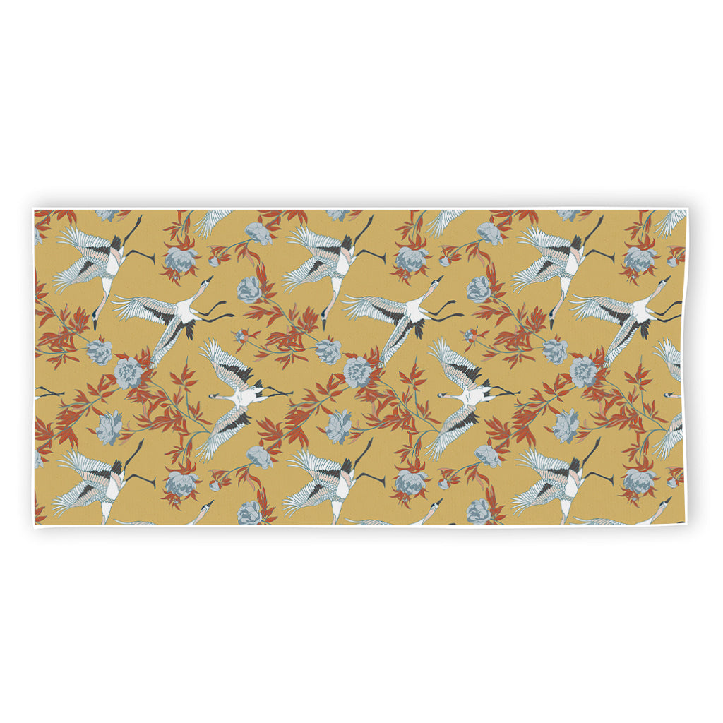 White Japanese Cranes Pattern Print Beach Towel